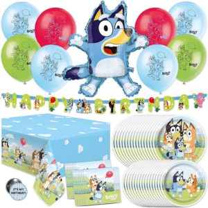 Unique Bluey Birthday Decorations | Bluey Party Decorations | Serves 16 | Officially Licensed | Balloons, Banner, Tablecover, Plates, Napkins, Button