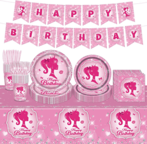 98PCS Girl Birthday Party Supplies - Pink Girl Party Tableware Set - Pink Tablecloth, Banner and More - Serves 16