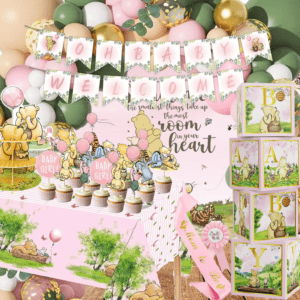 158Pcs Pink Classic Winnie Baby Shower Decorations Kit, Vintage Winnie Party Supplies Decorations, Classic Pooh Backdrop Cake Topper, Winnie Baby Tablecloth Box Decorations for Girl Boy Baby Shower