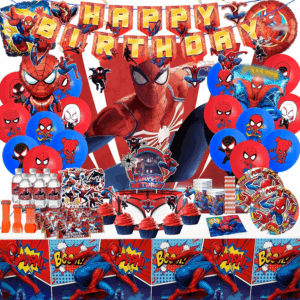 Birthday Party Supplies,Spider Theme Party Decorations Include Happy Birthday Banner,Backdrop,Tablecover,Cake Toppers,Napkins,Cups,Straws,Tableware Set,Stickers,Spiral Charms,Foil and Latex Balloons