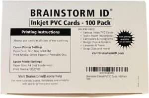 Brainstorm ID Inkjet PVC Cards (100 Pack) - 30 Mil - Inkjet Printable ID Cards - Enhanced Ink Receptive Coating - Waterproof & Double Sided Printing - Works with Epson & Canon Inkjet Printers
