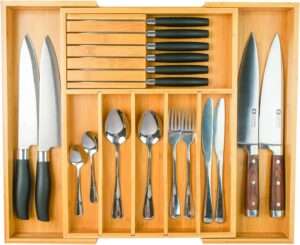 Wencrfat Silverware Drawer Organizer with Removable Knife Block and Dividers, Expandable Bamboo Kitchen Drawer Organizer, Flatware Utensil Cutlery Organizer for Drawer 8 Compartments