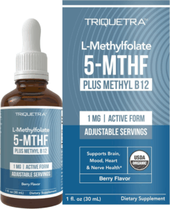 Organic Methyl Folate 1000 Mcg + Methyl B12 Cofactor (300 Servings) – Metabolically Active 5-MTHF Form, Organic Berry Flavor, Liquid Sublingual Form – Mood, Cognition, Methylation, Pregnancy (1Oz)