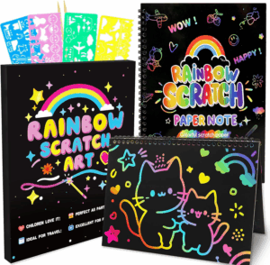 Scratch Art Crafts Kit for Kids – 2 Pack Rainbow Scratch Paper Notebooks with Wooden Styluses and Drawing Stencils, Magic Art Supplies Birthday Christmas Gifts Party Favors for Boys Girls Ages 3-10