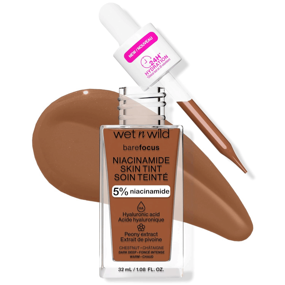 Wet N Wild Bare Focus Skin Tint, 5% Niacinamide Enriched, Buildable Sheer Lightweight Coverage, Natural Radiant Finish, Hyaluronic & Vitamin Hydration Boost, Cruelty-Free & Vegan - Chestnut
