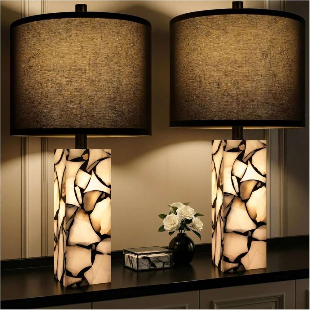 Scenekoy 23" Alabaster Table Lamps Set of 2 with Night Light for Living Room, Rotary Switch, Black Modern Table Lamp with Black Linen Shade, Nightstand Lamp for Bedroom Bedside Office (Bulb Included)